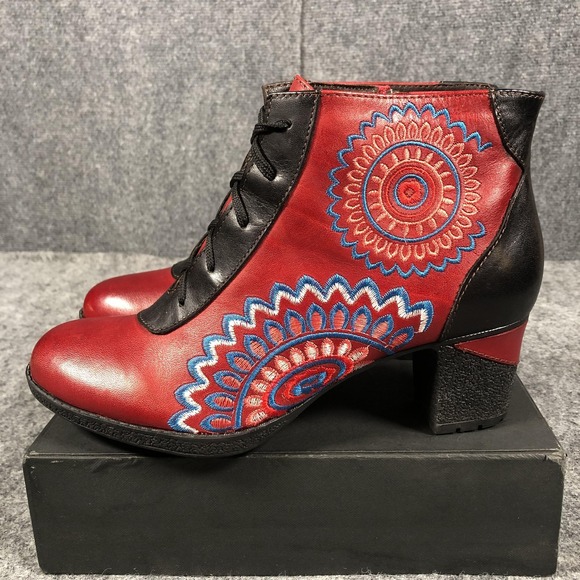 L'Artiste Spring Step Ankle Booties Women's 9 Red Leather Embroidered Boho - Picture 7 of 16